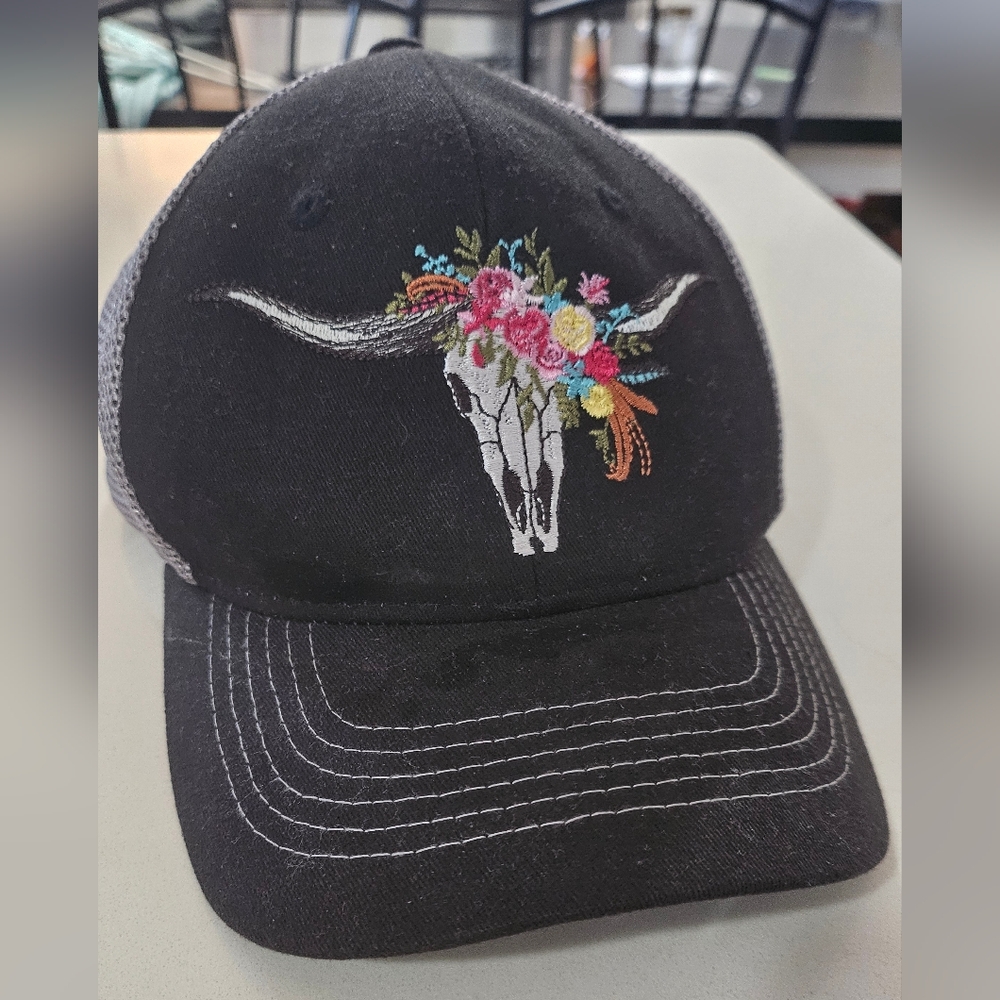 Embroidered Floral Skull Black Cap